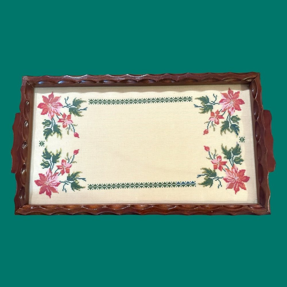 VINTAGE HANDMADE CHERRY WOOD SERVING TRAY WITH EMBROIDERED INSET - BEAUTIFUL!